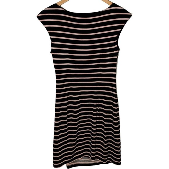 LOFT XS Mini Sheath Dress Black Tan Striped Ruched Cap Sleeve Workwear - Picture 2 of 6